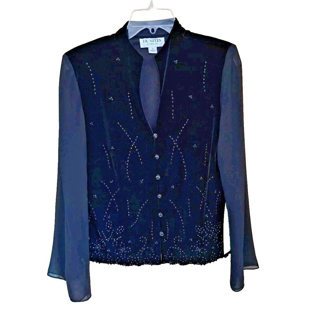 J.R. Nites by Carol Lin Top 12 Black Velvet Chiffon‎ Sleeves Beaded Detail New